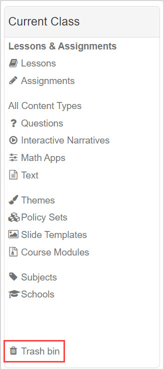 Current Class Trash bin Trash bin is at the bottom of the Current Class pane.